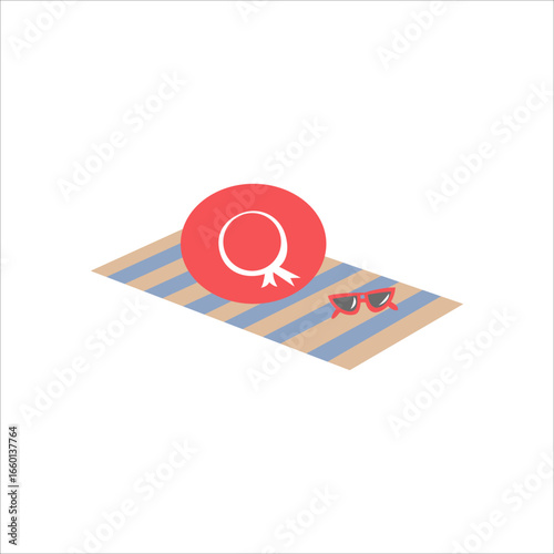Beach towel with hat and sunglasses, summer vacation accessories, seaside holiday essentials, tropical beach lifestyle, relaxing travel mood, coastal leisure, sunbathing gear for ocean trip