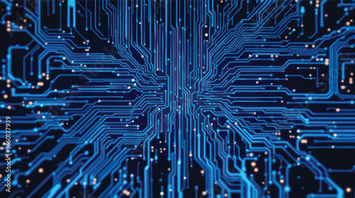 Symmetrical Blue Digital Circuit Board Pattern with Glowing Nodes technology.