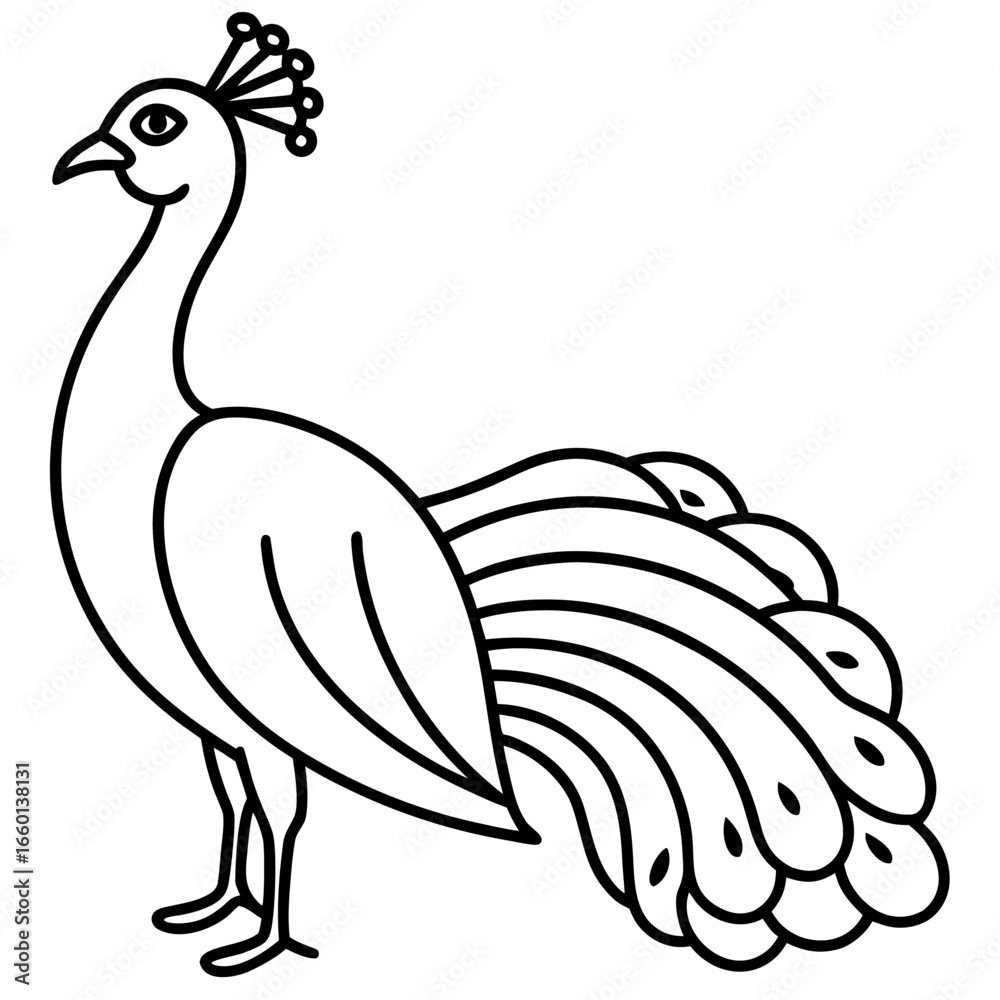 Fototapeta premium Stylized line art peacock with flowing tail feathers