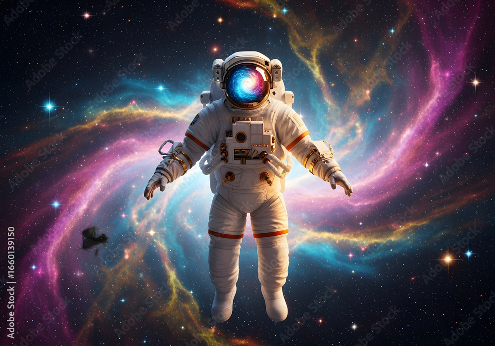 Fototapeta premium Astronaut in Cosmic Nebula. A Glowing Figure in Space