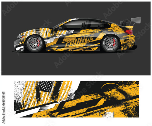 Yellow and Black Grunge Car Wrap Design with American Flag Accent