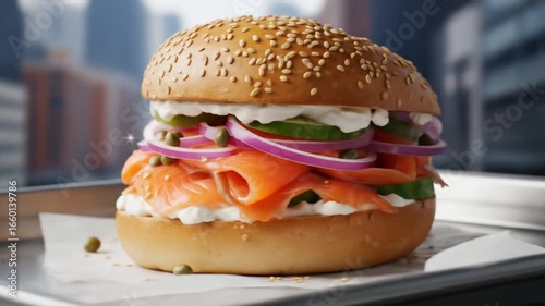 Gourmet Lox Bagel Sandwich on Cityscape Backdrop