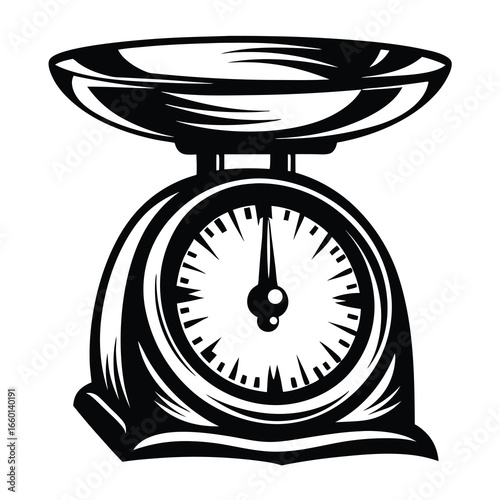 A vintage weighing scale depicted in black and white drawing style
