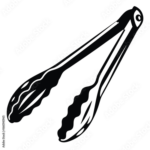 Illustration of kitchen tongs with curved gripping ends and pivoting handle