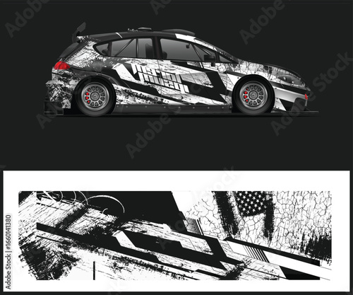 Rally Car with Abstract Black and White Graphics and American Flag Detail