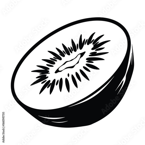 A black and white illustration of a sliced Kiwi Fruit close up