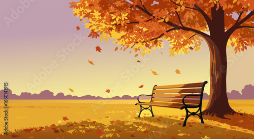 Experience the serene beauty of autumn in a vibrant digital vector illustration, featuring a peaceful park bench beneath a tree with golden leaves, evoking a tranquil seasonal landscape.