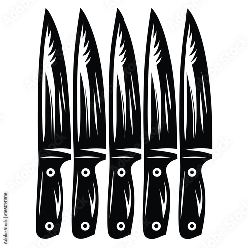 Black and white design with repeating graphic of five kitchen knives