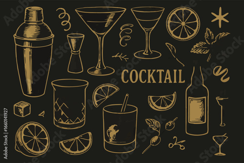 Cocktail Ingredients Illustration, Vintage Barware Design