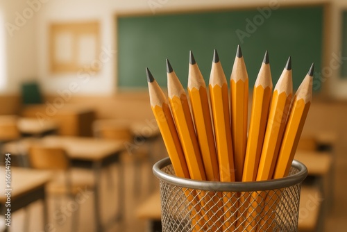 Sharpened yellow pencils in a metal holder with classroom chalkboard background—ideal for education, study, and back to class.