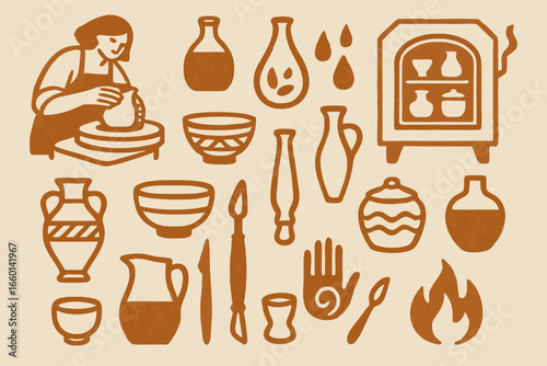 Pottery Illustration: Pottery Wheel, Kiln and Ceramic Vessels