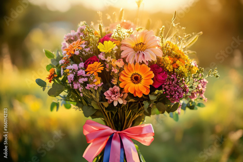 Colorful Flower Bouquet with Ribbon at Sunset Outdoors
