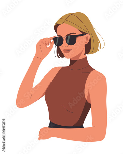 Chic woman in sunglasses, blonde bob, brown sleeveless top, fashion vector portrait, modern style illustration, cool attitude