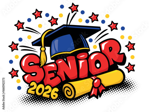 Graduation cap and certificate scroll senior 2026. Vector art on festive background.