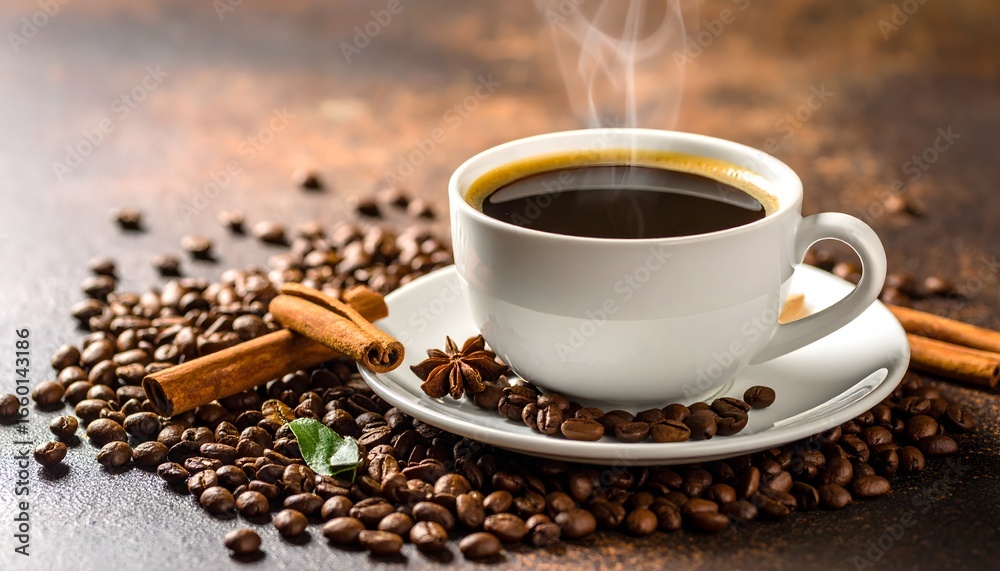 Aromatic Coffee Cup with Cinnamon and Coffee Beans on Wooden Surface Aromatic Coffee Cup with Cinnamon and Coffee Beans on Wooden Surface