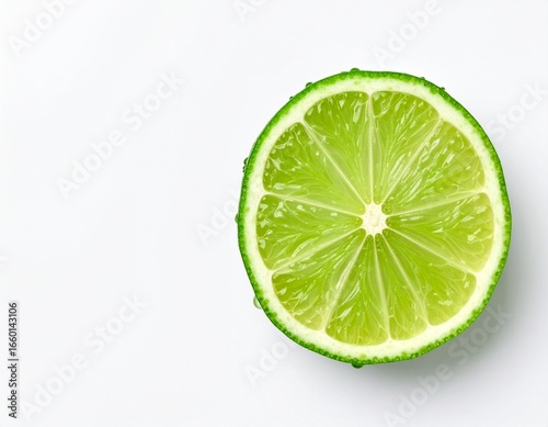 Fresh Lime Slice with Water Droplets on Pure White Background - Top Down, Hyperrealistic, Copy Space