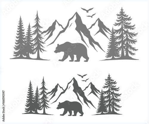 Silhouette of Bears in a Mountain Landscape with Pine Trees and Birds
