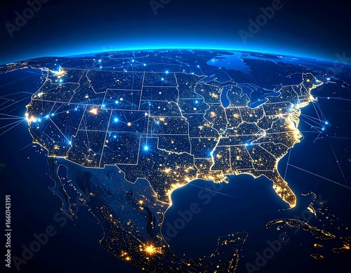 Night view of USA from space, illuminated cities