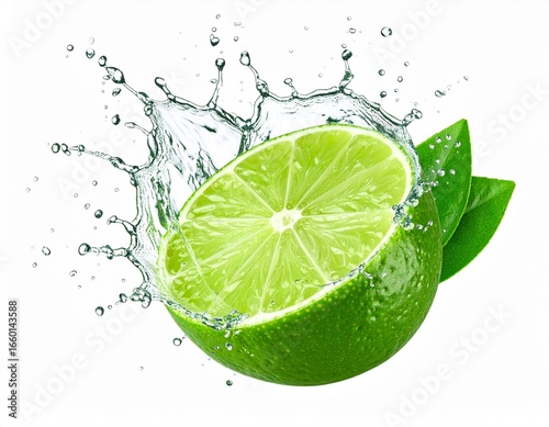 Fresh Lime Slice with Water Droplets on Pure White Background - Top Down, Hyperrealistic, Copy Space