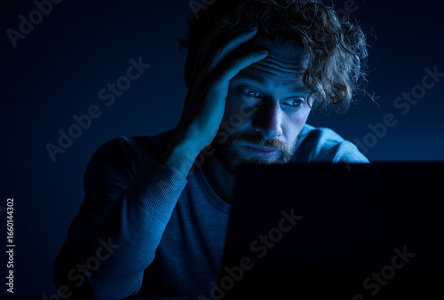 A photo of a man sitting in front of his laptop, with a blue light coming from the screen. He is holding his head and looking at the camera, in a light room