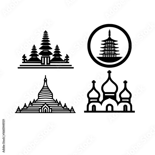 Vector icon set of various places of worship including church mosque temple and synagogue symbols