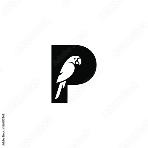 Minimalist Parrot Logo Design Featuring the Letter P in Black and White Elegant Bird Silhouette Concept for Brand Identity and Mascot Creation
