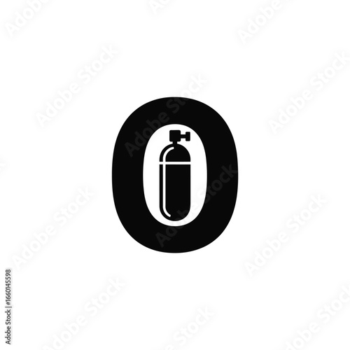 Black and white icon of oxygen tank inside letter O creating a symbolic representation of diving and underwater activities and safety procedures