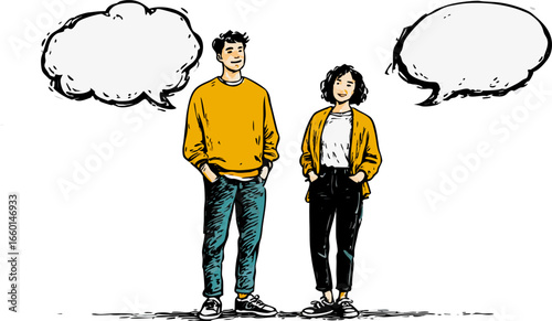 Young man and woman thinking with speech bubbles, having casual discussion and brainstorming new ideas