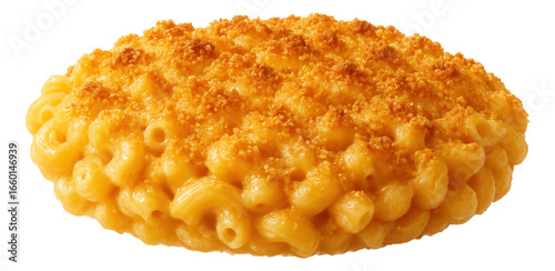 Baked mac and cheese with breadcrumb topping, steam rising in curls.