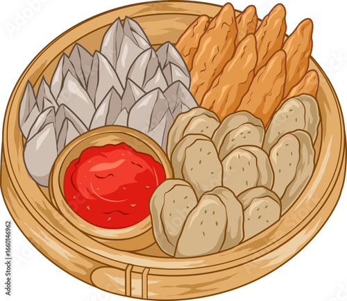 Traditional Indonesian Street Food with Spicy Sauce Illustration