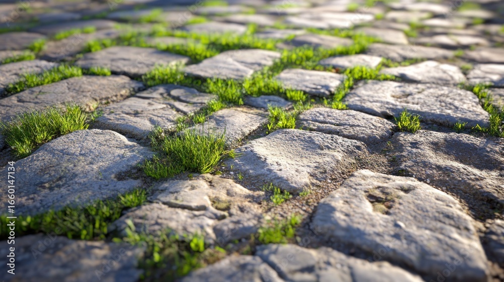Naklejka premium Close-up view of a cobblestone pavement with grass sprouting between the stones
