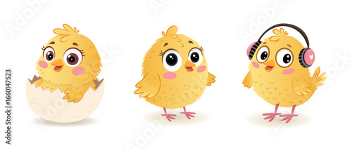 A set of cute hand-drawn chickens on a white background. Vector illustration