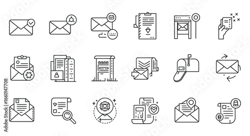 Email icons and mail symbols in various line art styles and forms