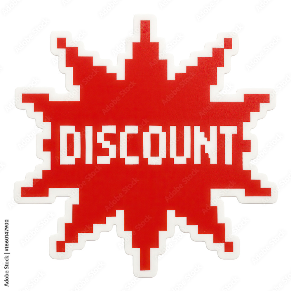 Obraz premium Red starburst sticker with DISCOUNT text in bold pixelated style, striking retail promotion offer on transparent background.