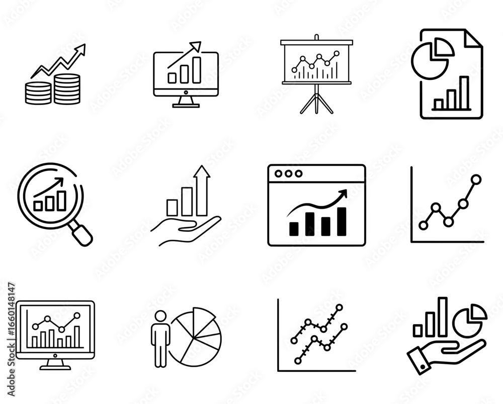 Fototapeta premium Business Data Analytics and Growth Chart Line Icons Set