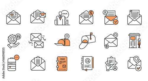 Email icons and mail symbols for communication and correspondence