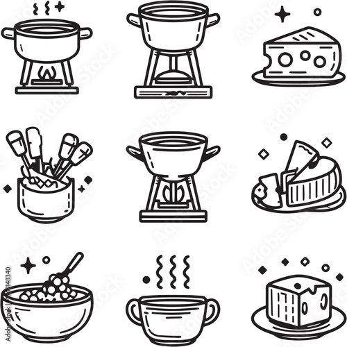 Cheese Fondue black Line Editable Icons set