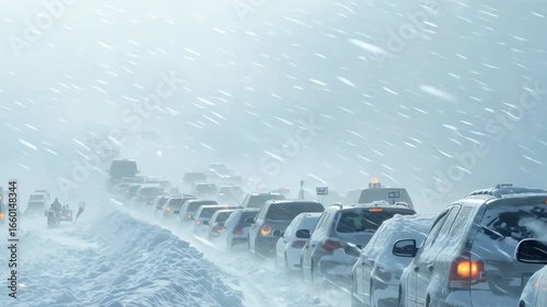 Cars stuck in heavy traffic during a snowstorm on a mountain road.