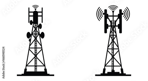 Cell towers with antennas and signal waves emitting from the top clearly shown