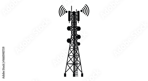 Cell tower with antennas and signal waves on white background