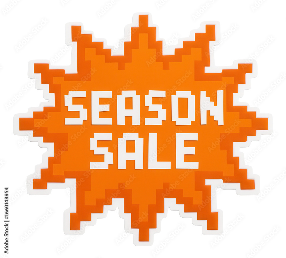 Fototapeta premium Bright orange burst sticker with SEASON SALE text in pixelated style, eye-catching retail discount promo on transparent background.