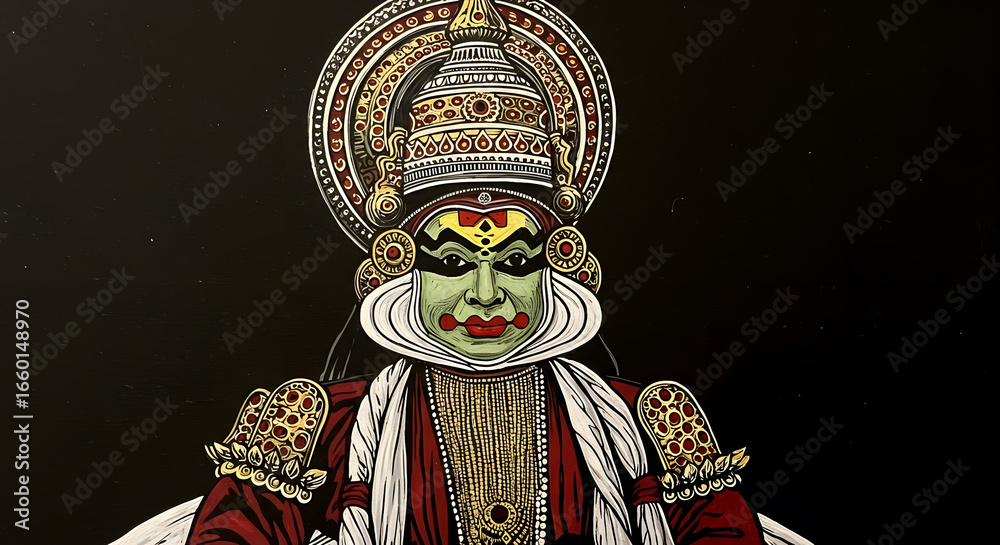 Fototapeta premium Kathakali dancer illustration drawing art ink sketch culture Kerala India tradition makeup face portrait design background mythology character