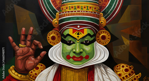 Kathakali dancer painting art illustration festival Kerala India culture tradition makeup face gesture modern abstract design background beautiful