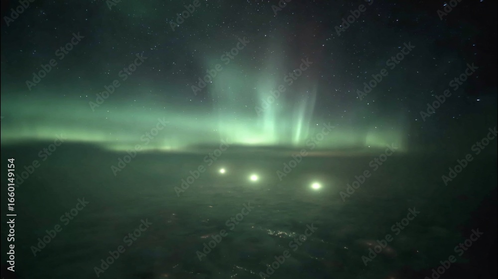 Naklejka premium Aurora borealis over icy terrain, lights in the distance, starry night sky