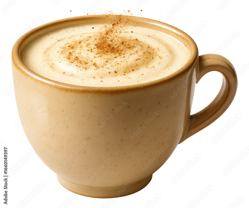 Fototapeta premium Nutmeg sprinkles swirling above a ceramic cup of eggnog, creating a warm, fragrant atmosphere.