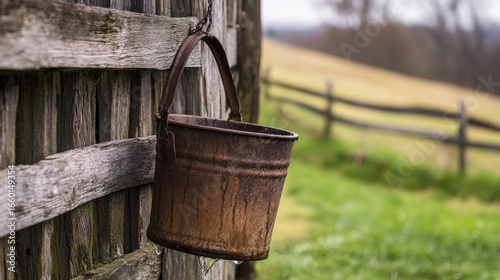 Rusty bucket hangs on weathered wooden fence, countryside view