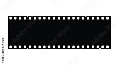 A black film strip with white sprocket holes on a plain white background