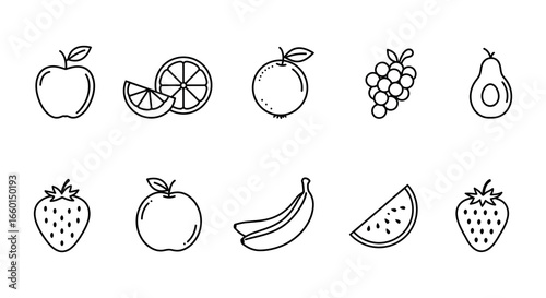 A collection of various fruit icons in a simple line drawing style