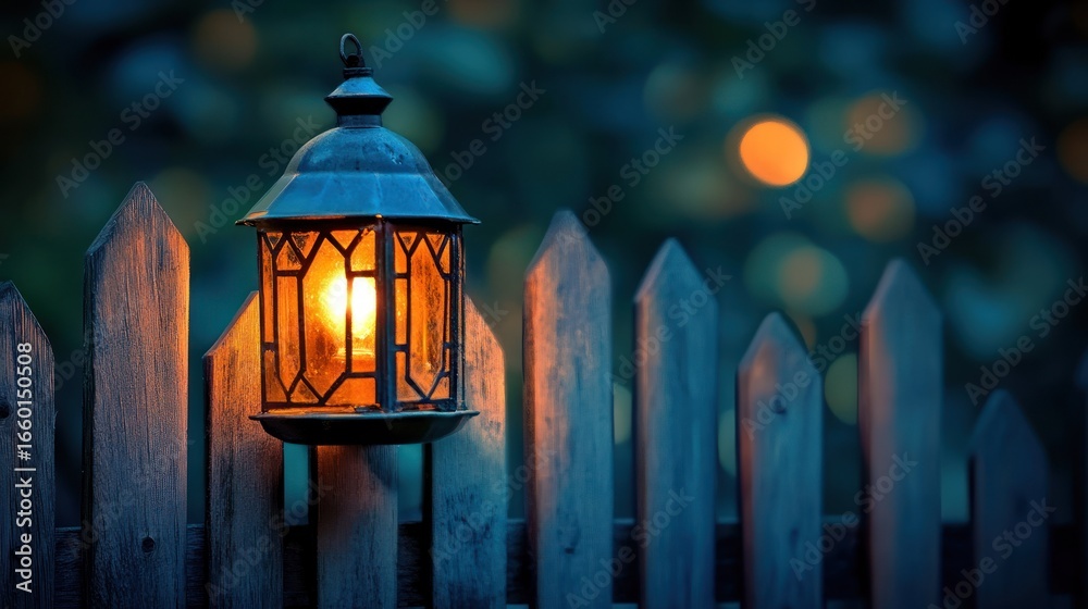 Fototapeta premium Rusty lantern glows on wooden fence at dusk