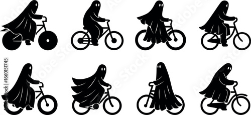 Eight silhouettes of ghosts riding bicycles isolated on white background